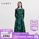 朗姿/LANCY秋新款真絲復古玫瑰印花收腰長(cháng)袖連衣裙重工裙子女 夜幕黑色 M