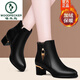 啄木鳥(niǎo)粗跟真皮小短靴女馬丁靴2025新款秋冬季女鞋高跟中跟靴子女士皮鞋 黑色加絨 38