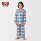 MUJI大童 無(wú)側縫 法蘭絨 睡衣 兒童家居服童裝男童女童25年冬季純棉 藍色格紋 140 -150