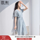 香影v領(lǐng)泡泡袖連衣裙女2025夏裝新款仙女裙收腰絕美漂亮藍色裙子 藍色 M 160/84A/95-110斤