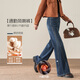 韓都衣舍【高智感通勤筒喇褲】2025冬季加絨側邊分割設計喇叭牛仔褲女
