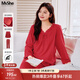 MsShe【全棉】大碼女裝2025秋裝胖mm蕾絲拼接免穿文胸家居服套裝 中國紅色現貨 4XL