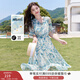 香影小清新v領(lǐng)碎花連衣裙女2025夏季新款木耳邊藍色泡泡袖雪紡裙 藍色 S
