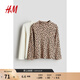 H&M童裝女童T恤2件裝秋冬保暖長(cháng)袖休閑舒適高翻領(lǐng)長(cháng)袖上衣0395730 白色/豹紋 130 130/64
