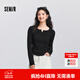 森馬（Semir）長(cháng)袖T恤女春季短款純色正肩木耳邊花邊內搭分割緊身顯瘦上衣 黑色90001 S