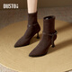 dusto大東襪靴女鞋冬季新款酒杯跟高跟套腳尖頭飾扣D0003 咖啡色 38