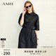 AMII女裝2025夏季新款通勤半開(kāi)襟中袖配腰帶法式連衣裙襯衫裙 黑色 L 165/88A