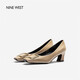 NINE WEST/玖熙牛漆皮革女單鞋優(yōu)雅方頭淺口粗跟通勤鞋NH434045FK杏色 35