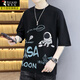 啄木鳥(niǎo)短袖t恤男裝夏季韓版寬松圓領(lǐng)港風(fēng)百搭青少年潮流衣服學(xué)生五分袖 F282宇航員黑 3XL