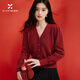 香影新年紅色v領(lǐng)毛衣開(kāi)衫女短款2026春季新款小個(gè)子法式針織上衣 紅色 L 165/88A/110-125斤