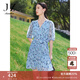 玖姿·安娜蔻V領(lǐng)雪紡連衣裙女裝夏款泡泡袖褶皺感淺藍色裙 花淺藍 M