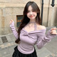 妙奕嘉一字肩性感上衣純欲風(fēng)紫色修身高級感打底衫女內搭可外穿女人味 一字肩紫色蕾絲掛脖露肩純欲上衣 XL 【建議118斤內】