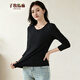 子牧棉麻秋裝 女韓版百搭打底衫內搭長(cháng)袖薄款圓領(lǐng)螺紋T恤上衣8689 經(jīng)典黑大圓領(lǐng) 2XL (建議140-155斤)