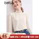 百圖betu女裝秋季新款T恤立領(lǐng)蝴蝶提花針織長(cháng)袖T恤女2409T44 淺杏色 M