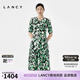 朗姿/LANCY夏季新款真絲V領(lǐng)印花連衣裙收腰顯瘦復古氣質(zhì)裙子 黑色 L