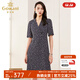 喬萬(wàn)尼v領(lǐng)修身收腰印花碎花連衣裙夏季新款中長(cháng)裙子女裝新款 藍色 XL