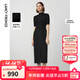 朗姿法式半高領(lǐng)針梭拼接五分袖中長(cháng)款連衣裙氣質(zhì)小黑裙春春新款 夜幕黑色 M