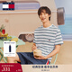 TOMMY JEANS【重磅厚實(shí)】春夏男女情侶純棉條紋針織刺繡圓領(lǐng)短袖T恤上衣 白綠條紋YBR M （推薦：135-150斤）