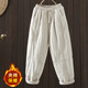 蘑菇同學(xué)中國風(fēng)棉麻加棉加厚棉褲女冬季松緊腰抽繩哈倫褲夾棉保暖休閑褲 麻白色 L 建議90-120斤 