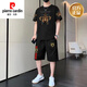 皮爾卡丹（pierre cardin）男士冰絲運動(dòng)套裝2024年夏季新款寬松男裝短袖短褲兩件套夏裝印花 皇/冠獅【短袖+短褲】 2XL 145-160斤