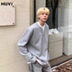 牧唯高級小眾設計感假兩件V領(lǐng)長(cháng)袖t恤男春秋新款寬松休閑衛衣百搭外套 灰色 XL [建議130-150斤]