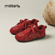 妙麗板鞋真皮平底加絨保暖德訓鞋女紅色運動(dòng)休閑加厚通勤毛毛棉鞋女 車(chē)厘子紅 37