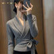 夏典素訂女王（SE.PSTP）設計系帶初秋單穿針織交叉開(kāi)衫秋季上衣輕熟罩衫新款毛衣多巴胺 灰色杭州今年流行的輕奢大牌品質(zhì) L