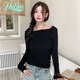 Helolis卡其色一字肩低領(lǐng)針織衫上衣女秋冬修身緊身短款內搭打底露肩毛衣 黑色 S 【建議80-90斤】