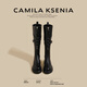 CAMILA KSENIA長(cháng)筒靴女士2026年新款春季休閑百搭厚底增高靴子皮帶扣瘦瘦騎士靴 黑色 37
