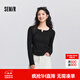 森馬（Semir）長(cháng)袖T恤女春季短款純色正肩木耳邊花邊內搭分割緊身顯瘦上衣 黑色90001 S