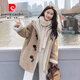 皮爾卡丹（pierre cardin）卡其色連帽羊羔毛外套女冬季2025新款學(xué)院風(fēng)牛角扣加厚顆粒絨棉衣 卡其色 S 105斤內