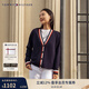 Tommy Hilfiger【羊毛羊絨混紡】秋冬女裝休閑慵懶拼色寬松V領(lǐng)開(kāi)衫毛衣外套 藏青色DW5 S