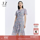 玖姿·安娜蔻輕熟OL風(fēng)印花收腰荷葉邊雪紡連衣裙女裝夏款 花粉綠 M