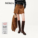 MO&Co.短裙2025冬新品復古游牧翻毛素皮壓褶中腰半身裙附腰帶MBE4SKT031 摩卡棕色 M