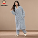 大嘴猴秋冬季女士睡衣加絨加厚珊瑚絨睡袍女士法蘭絨家居服套裝女 淺藍 L XX