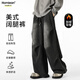 Homlean重磅水洗衛褲男秋冬美式工裝加絨長(cháng)褲直筒闊腿休閑褲HX27JR黑XL