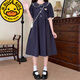 G.duck女大童連衣裙夏季12-14歲初中生夏裝娃娃領(lǐng)胖9女孩寬松學(xué)院風(fēng)裙子 藏青色 170 XL【建議體重115-130斤】