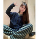 TPNY高級設計感條紋加絨加厚半邊絨睡衣冬女大碼保暖針織家居服可出門(mén) 條紋套裝 XL 建議【125-140斤】