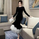 語(yǔ)森憶成熟御姐連衣裙冬季輕奢長(cháng)袖時(shí)尚法式名媛氣質(zhì)時(shí)尚顯瘦優(yōu)雅魚(yú)尾裙 黑色 5XL 碼（建議170-190斤）