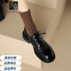 芳臨品牌真皮樂(lè )福鞋女2026春新款深口系帶英倫小皮鞋羊皮中跟圓頭單鞋 黑色 38