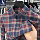 袋鼠100%純棉磨毛長(cháng)袖襯衫男春秋季磨毛免燙格子商務(wù)休閑打底襯衣男潮 IF25143藍紅格 2XL 推薦155-175斤