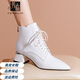芳臨品牌真皮馬丁靴女2025秋冬新款尖頭粗跟短筒英倫中跟系帶短靴女 白色 加絨 35
