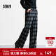 森馬（Semir）休閑褲女冬格子加絨長(cháng)褲寬松2025新款鹽系慵懶復古潮流闊腿褲 藍綠色調00384 XL