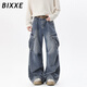BIXXE美式大口袋褶皺牛仔褲男春季潮牌設計感工裝褲子復古百搭拖地長(cháng)褲 藍色 L