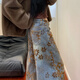 燕潯美式復古提花闊腿牛仔褲女秋冬款加厚大碼胖mm寬松垂感顯瘦彎刀褲 復古藍 L -105-115斤
