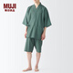 MUJI 男式 萊賽爾混 華夫格編織 和式夏季短裝男士睡衣家居服男款 煙熏綠色 L(上裝175/100A 下裝175/88A)