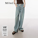 MO&Co.牛仔褲春夏抽繩中低腰懷舊洗磨貓須毛邊含桑蠶絲闊腿褲摩安珂 牛仔藍色 M 27