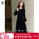 梵希蔓（vimly）法式名媛風(fēng)絲絨a字連衣裙女冬新款木耳邊圓領(lǐng)小黑長(cháng)裙 黑色 XL