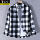 啄木鳥(niǎo)格子襯衫男春秋季款潮流高街男士寬松休閑長(cháng)袖襯衣外套上衣服男裝 黑白格 L 【建議體重105-120斤】