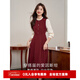 熙世界（sllsky）法式赫本小香風(fēng)連衣裙女秋冬季復古長(cháng)袖假兩件新年紅色裙子 酒紅色 M